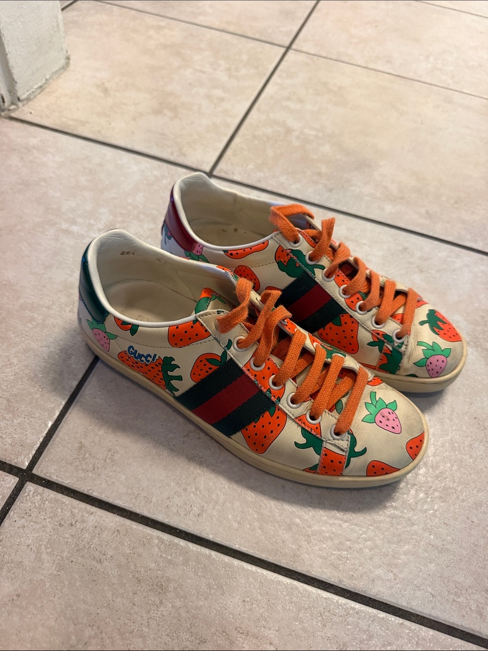 Gucci Strawberry Print Leather Sneakers in Orange and Green